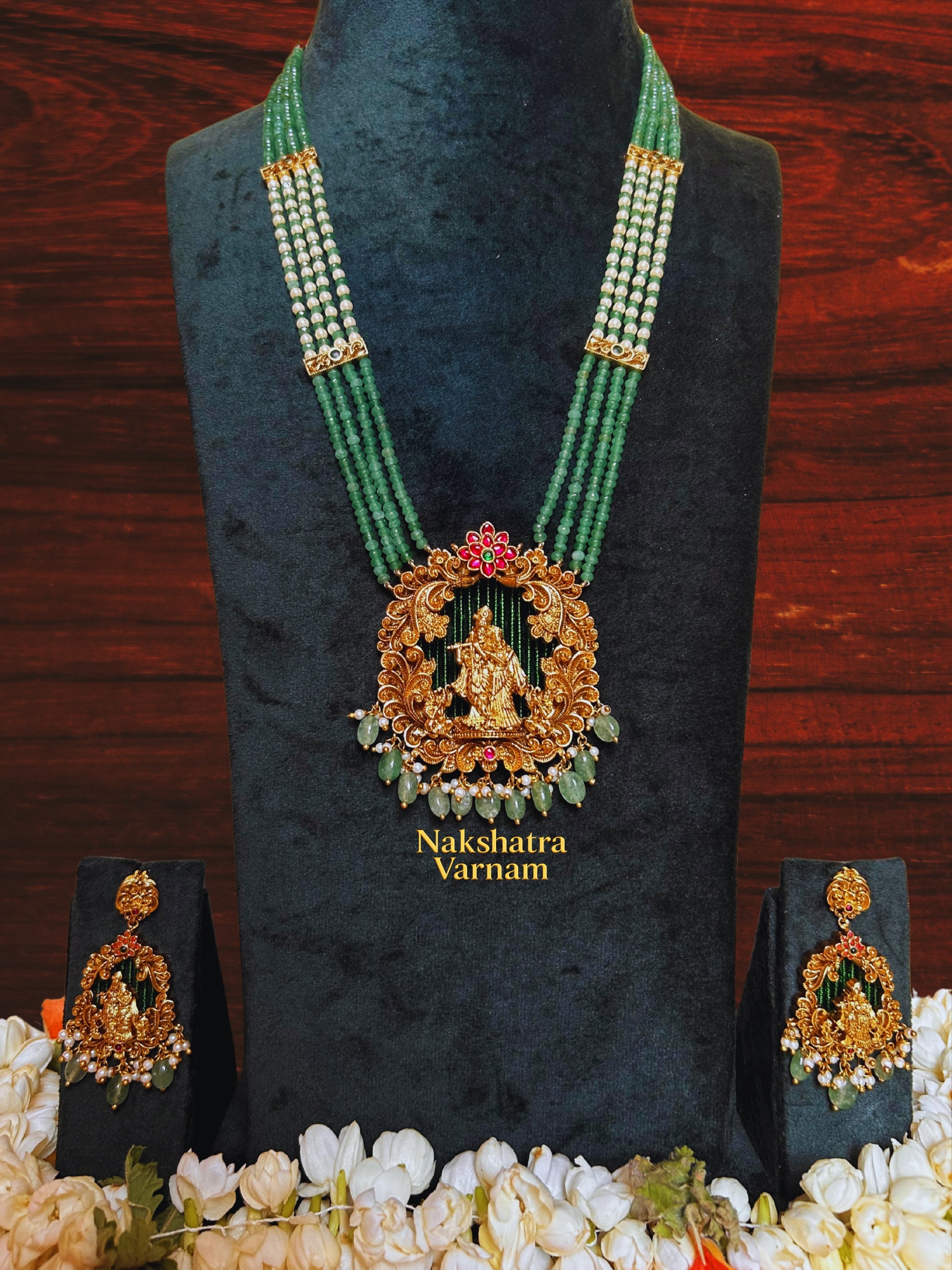 Mint Green & White beads Long Haram with Radha Krishna Motif Pendant