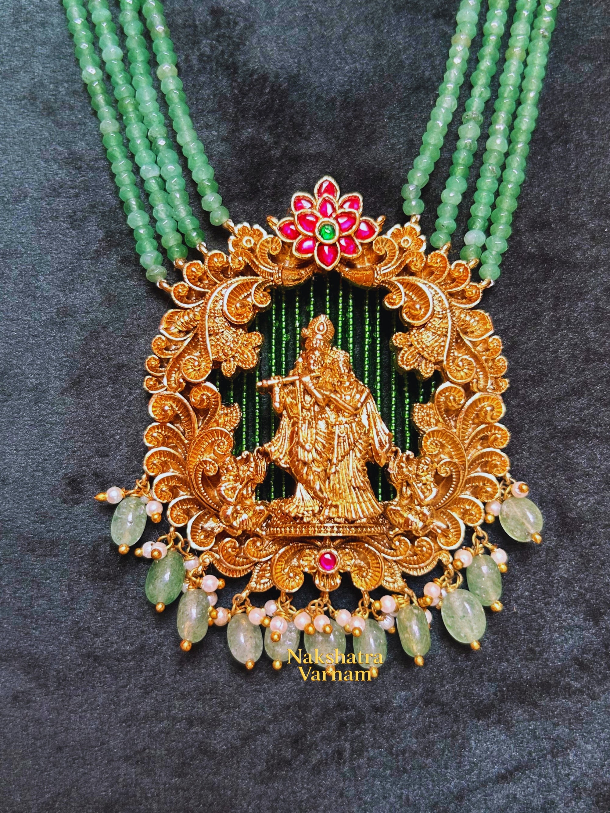 Mint Green & White beads Long Haram with Radha Krishna Motif Pendant