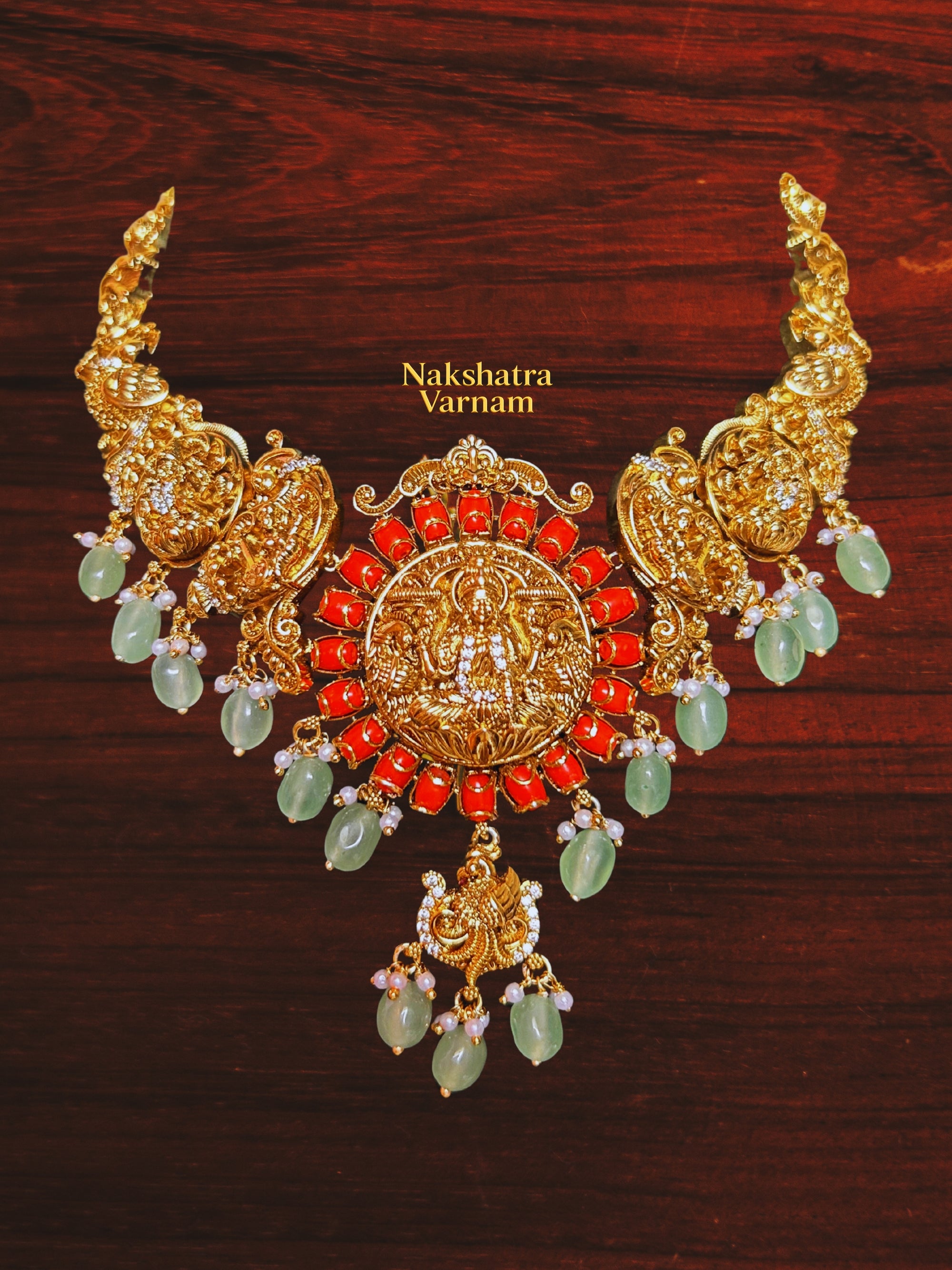 Mint green beads and Coral finish Short Neckpiece