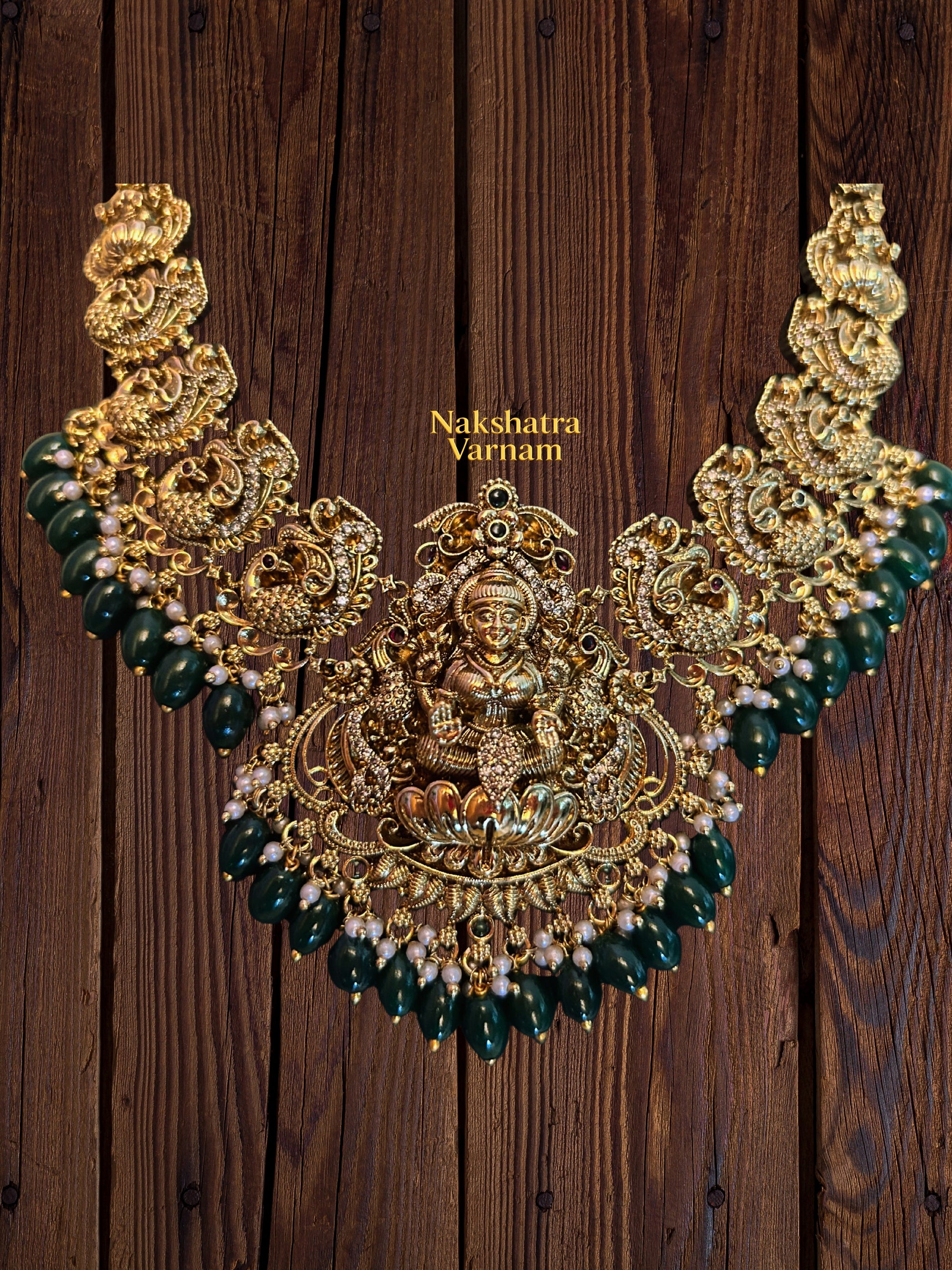 Green beads Lakshmi motif Short Haram