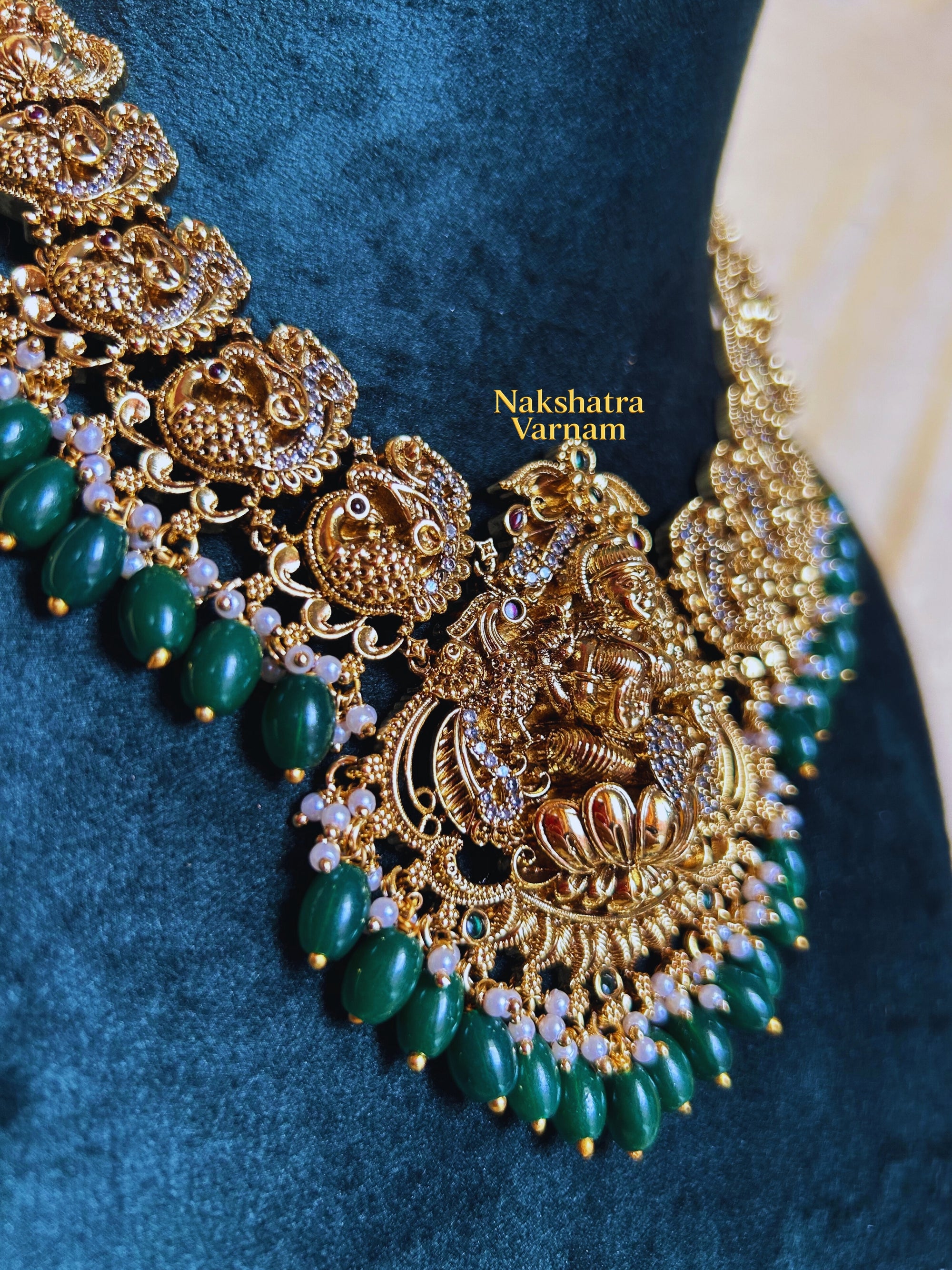 Green beads Lakshmi motif Short Haram