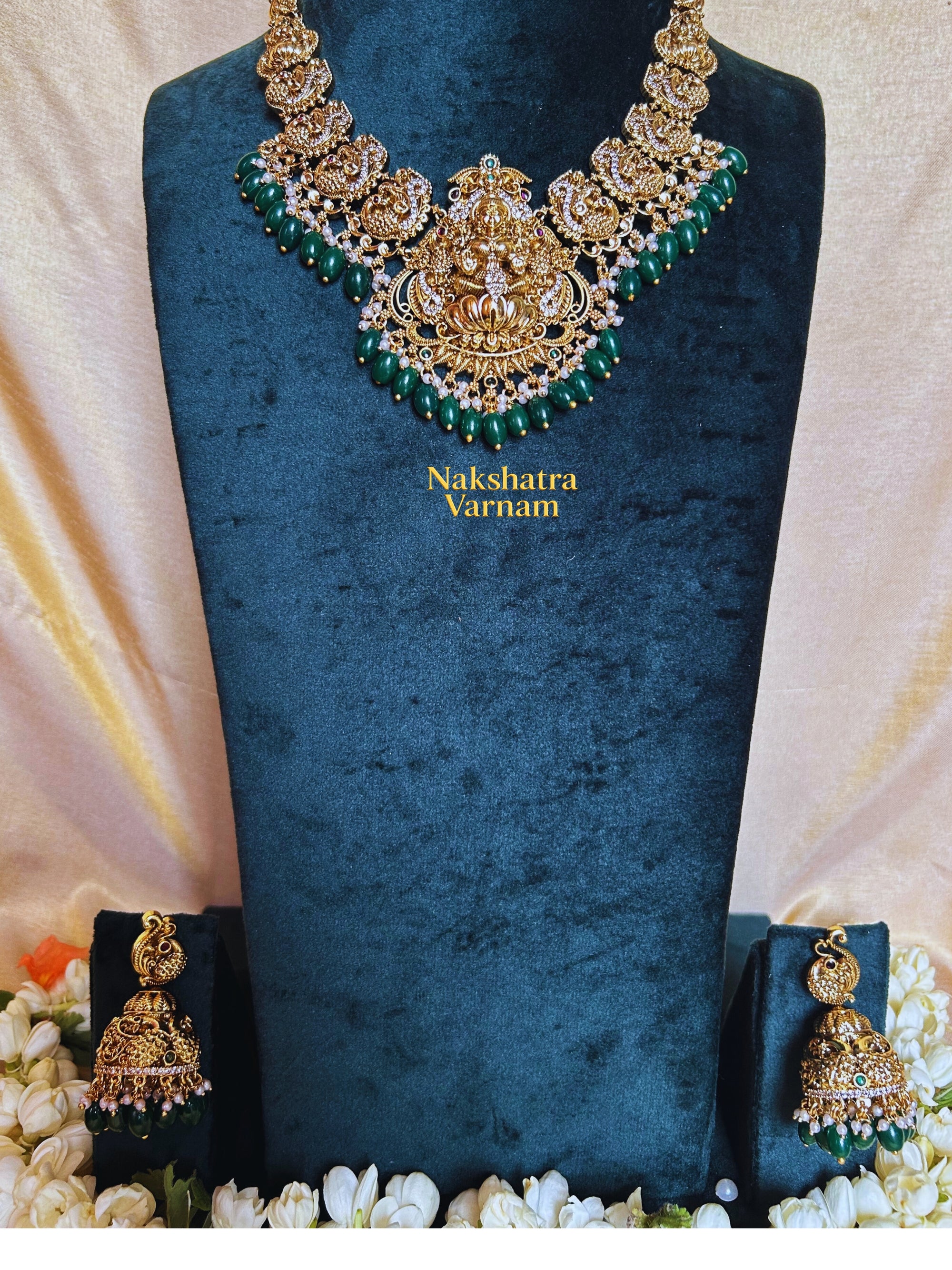 Green beads Lakshmi motif Short Haram