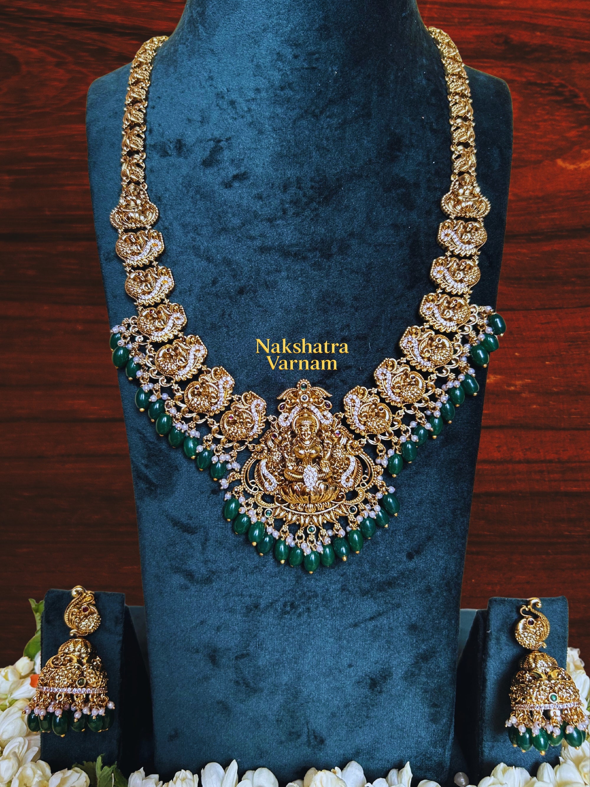 Green beads Lakshmi motif Long Haram