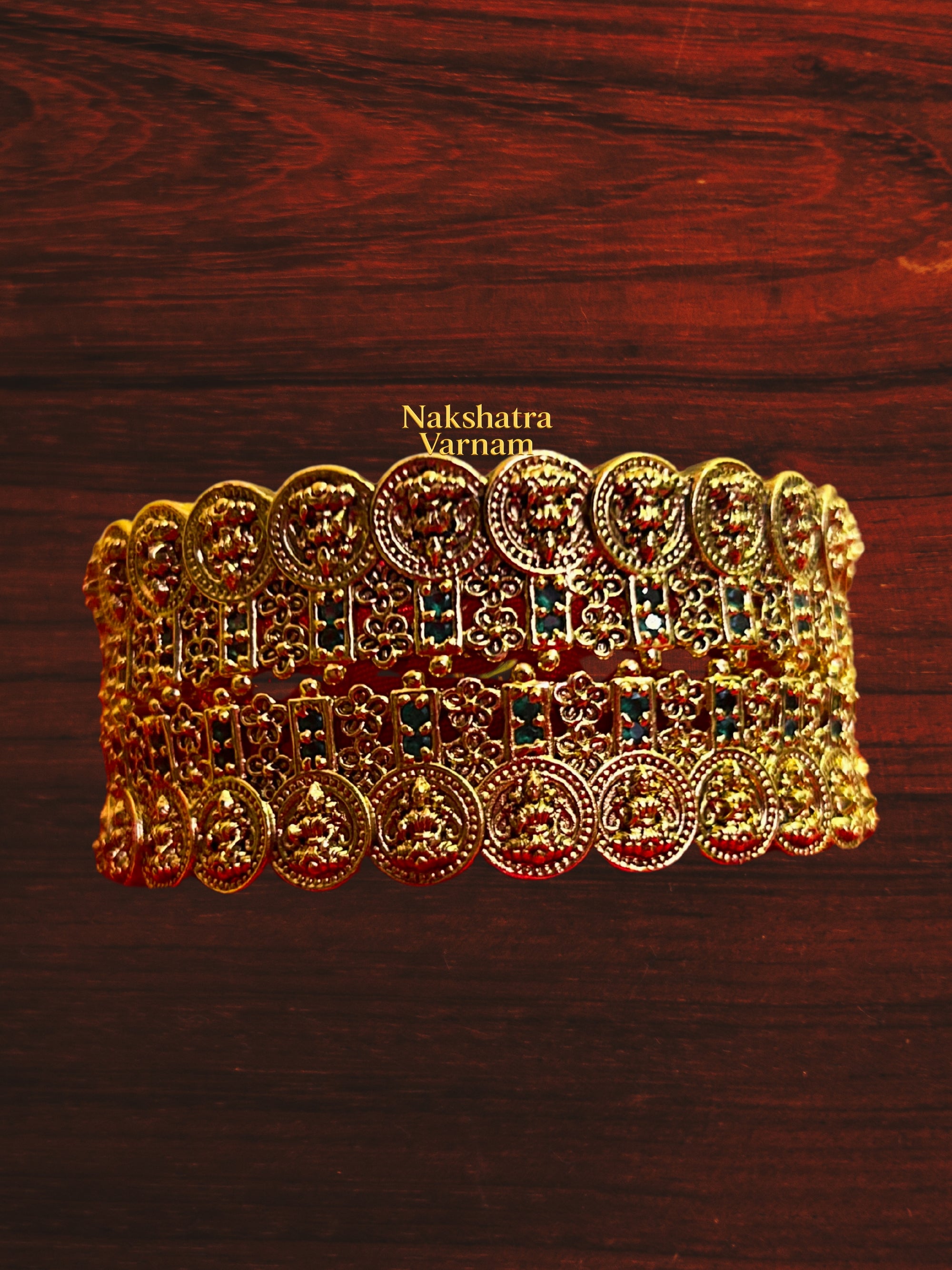 Green stone coin kada bangles (set of 2)