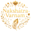 Decorative text 'Nakshatra Varnam' with gold floral and peacock feather designs on a red background.