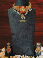 Mint green beads and Coral finish Short Neckpiece